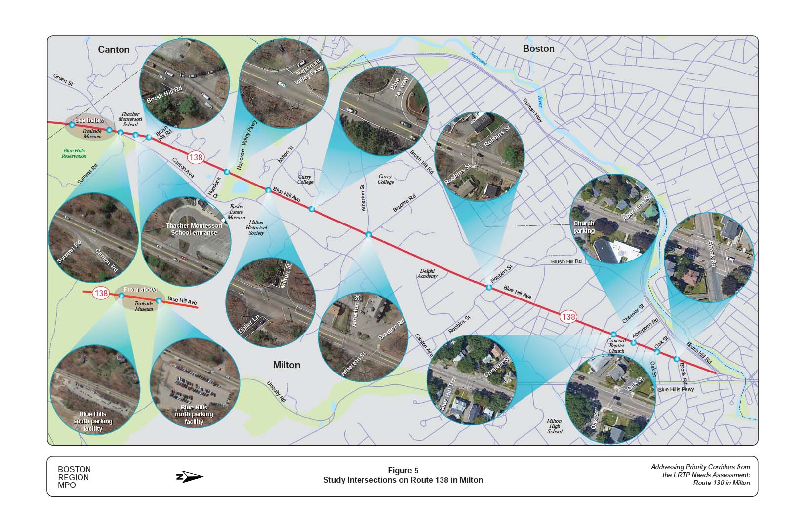 Figure 5 is a map of the study area showing the study intersections on Route 138 in Milton.